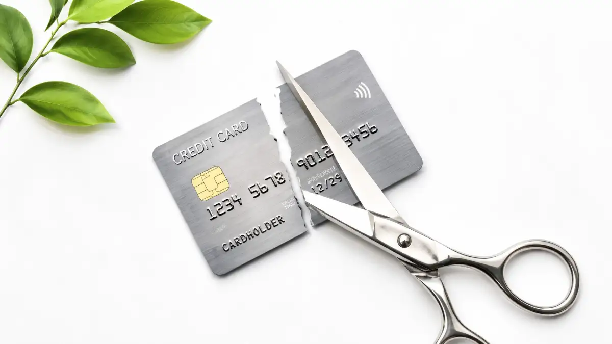 A top-down studio shot of a shiny metallic credit card being cut in half by premium silver scissors on a clean white background.